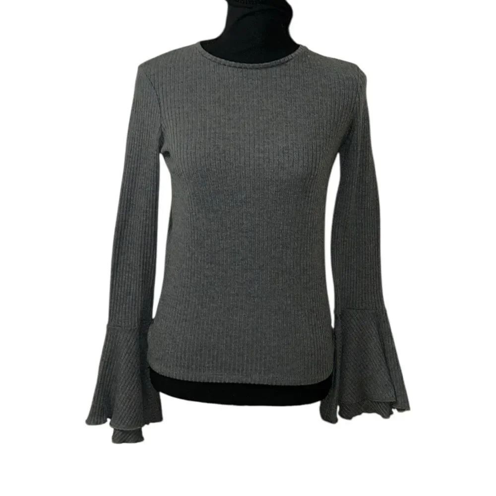 Zara Gray Ribbed Bell sleeve Crew Neck Top(Size Small)